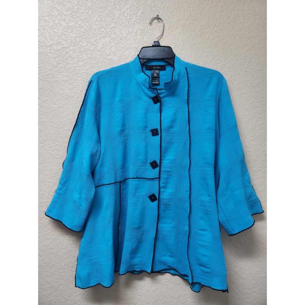 Ali Miles PL Petite Large Blue Tunic Blouse Button Jacket Top Textured Women Cas